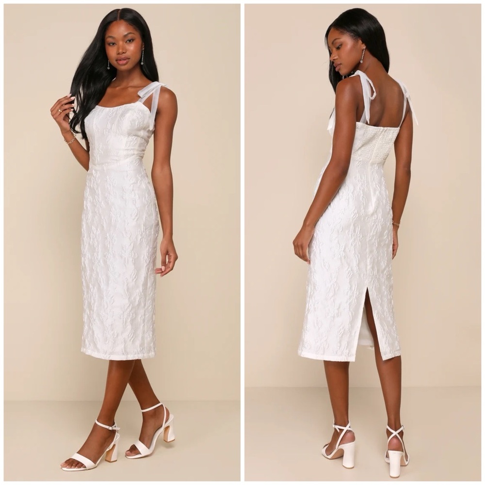 Lulu's Gorgeous Persona White Satin Jacquard Tie Strap Midi Dress - Picture 2 of 15